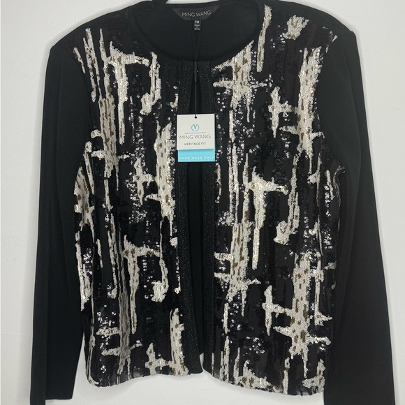 NWT Ming Wang sequin front design black knit sweater Heritage fit medium P - Picture 2 of 14